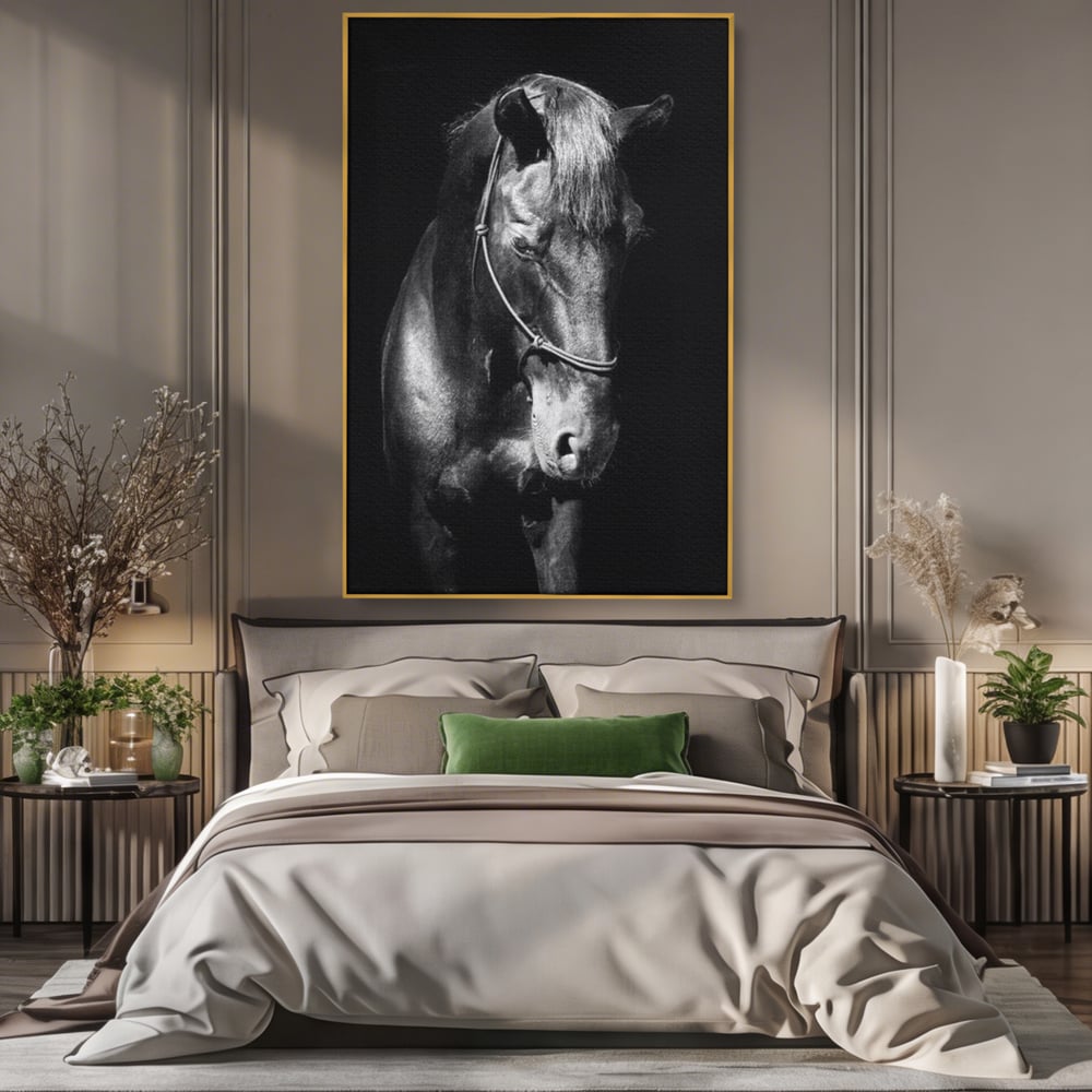 Tablou canvas cu tablou canvas cu un cal negru, in rama de aluminiu auriu, pe perete intr-un dormitor